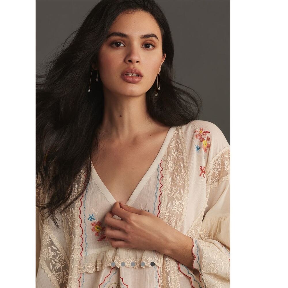 NEW By Anthropologie Embroidered Sheer Kaftan Dress One Size Color: Ivory Combo - Picture 10 of 11